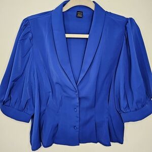 Royal Blue Puff Sleeve Blouse Button Front Top